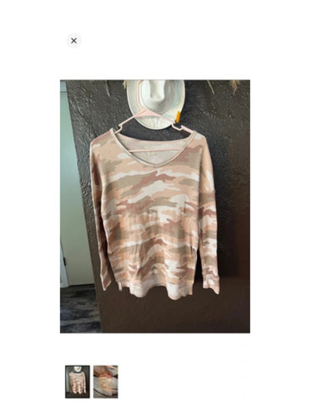 American Eagle Outfitters Pink Beige Camo V-Neck Long Sleeve Top